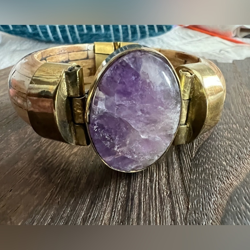 Vintage Amethyst Stone & Bone Bracelet 7 1/4” D10